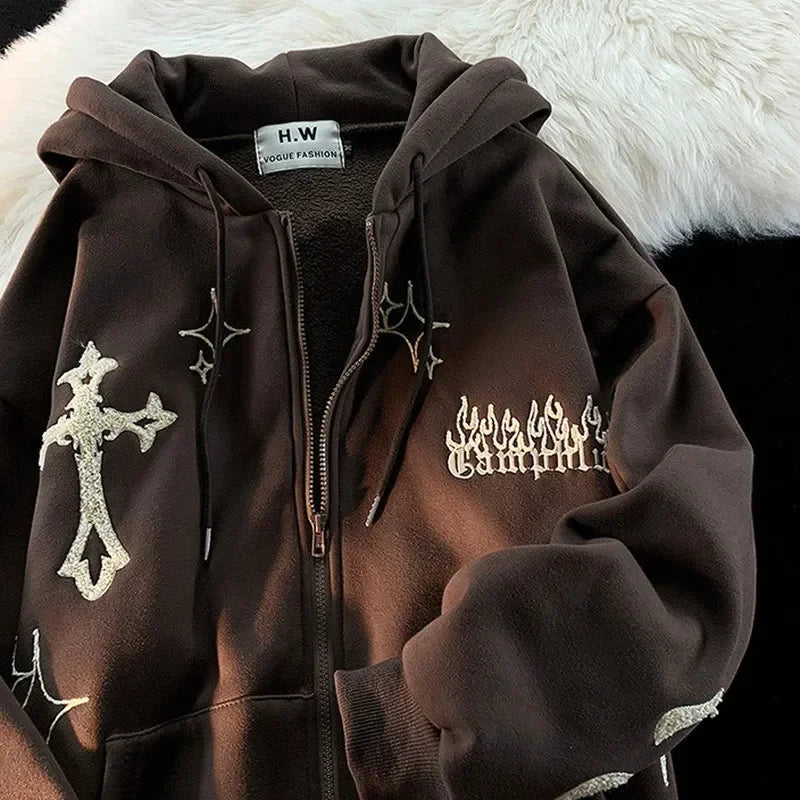 Harajuku Embroidery Sweatshirt Women Oversized Zip-Up Hoodies